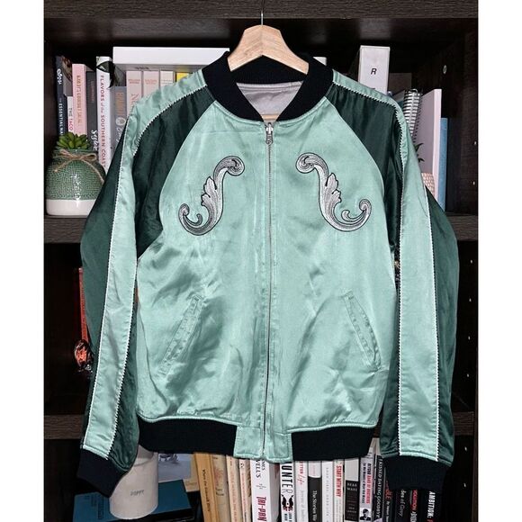 Opening Ceremony Cash Reversible Embroidered Silk Bomber Jacket Green / Gray XS - Picture 2 of 16